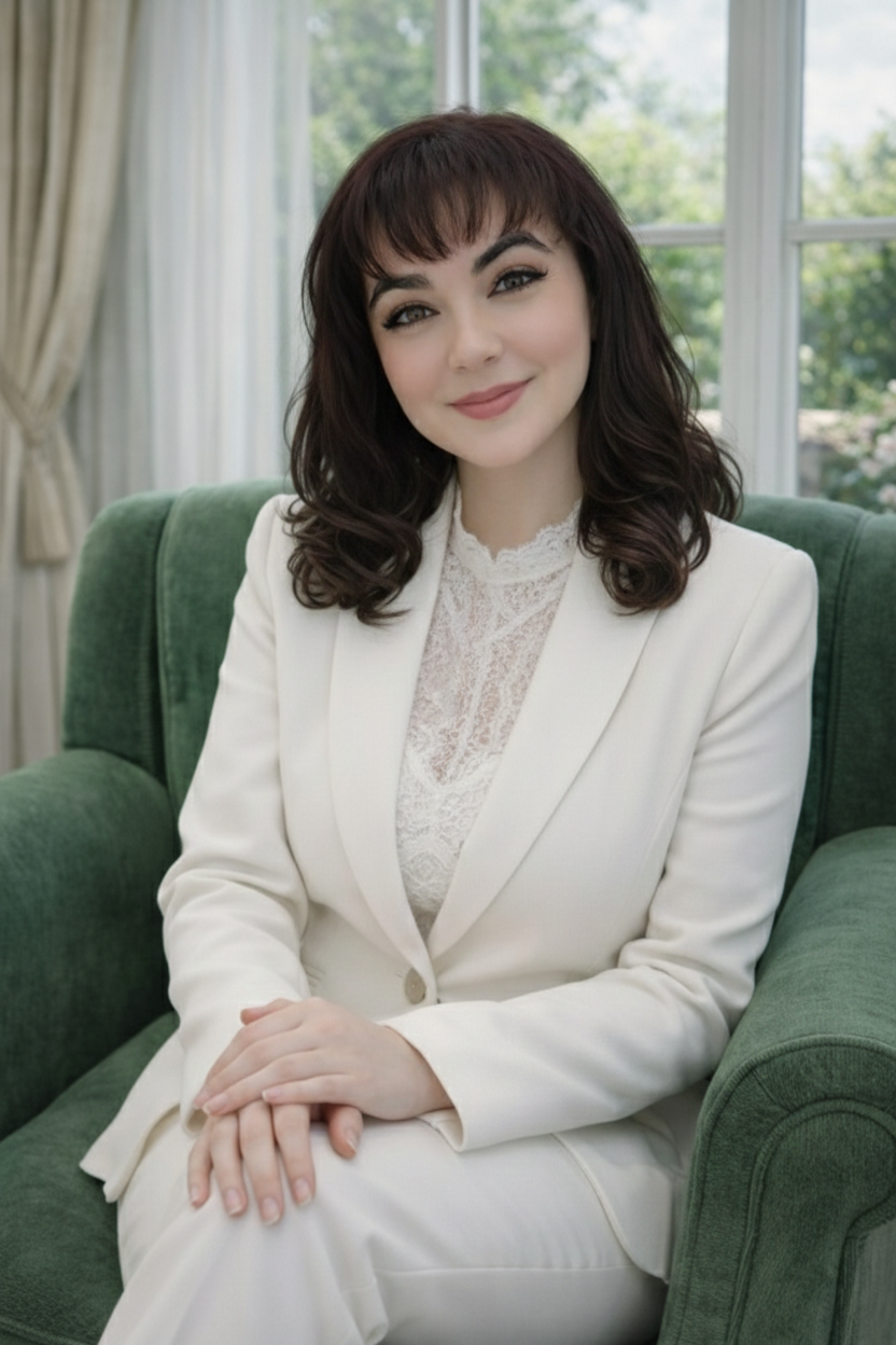 Portrait of Rabia Carvalho seated in a green chair